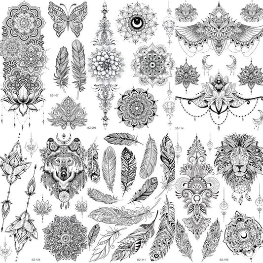 COKTAK 6 Pieces/Lot Unique Black Henna Temporary Tattoo Stickers For Adults Women Girls Feather Mandala Flower Body Art Large Big Arm Tattoos Sheet Lace Indian Mehndi Sexy Wedding Tatoos OWL