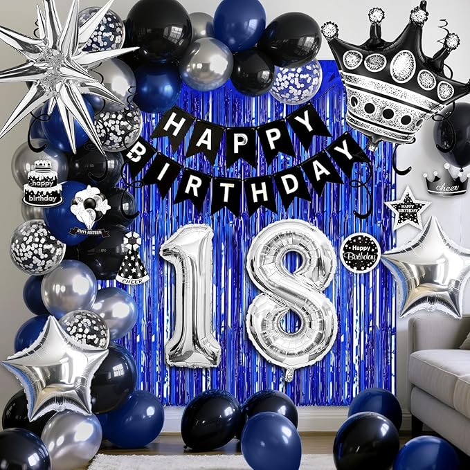 18th Birthday Decorations for Boys and Girls, Black Blue Silver Happy Birthday Number 18 Balloons, Banner, Fringe Curtains Garland Kit - 18 Year Old Party Supplies