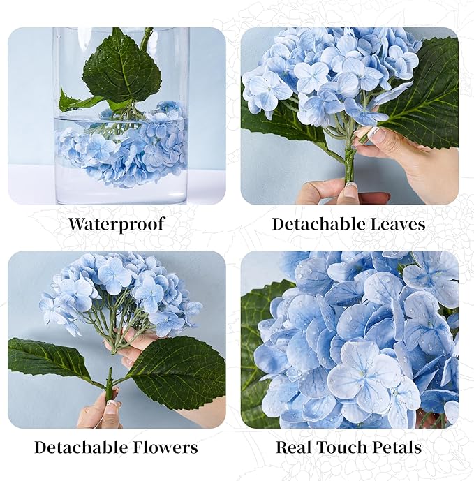 BonBloom's 3 Pcs Blue Hydrangea Artificial Flowers,21 inches Latex Hydrangeas Flowers Faux Lifelike Real Touch Flowers for Wedding Table Centerpieces Home Party Garden Outdoor Decoration