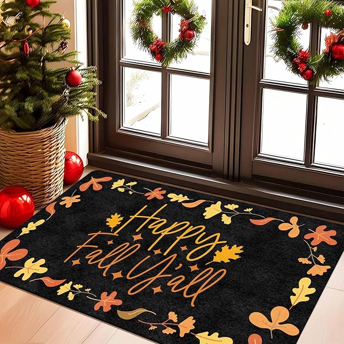 Fall Welcome Maple Leafs Decorative Door Mat, Autumn Thanksgiving Doormat for Indoor Outdoor Entrance Floor Mats,Fall Pumpkins Non Slip Harvest Vintage Decor Rubber Welcome Mats 16" x 24" Inch