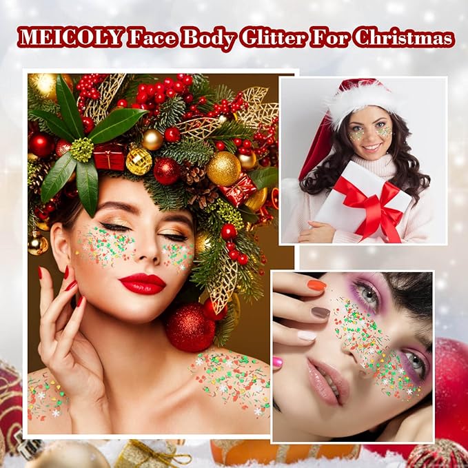 MEICOLY Christmas Face Body Glitter Gel,Christmas Hair Glitter,Christmas Accessories Stocking Stuffers Gift Decorations,Festival Face Glitter Makeup for Women Kids Girls,Chunky Glitter Face Paint