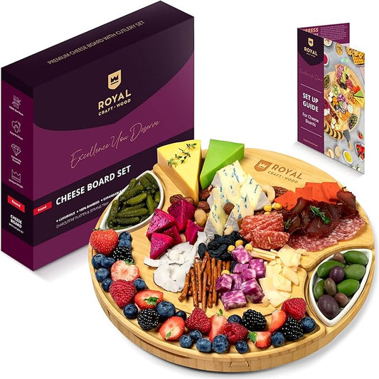 ROYAL CRAFT WOOD Large Round Cheese Board and Knife Set - Charcuterie Board, Bamboo Cheese Board Set, Cheese Tray Set, Wooden Cheese Plate Set 13.7 Inch