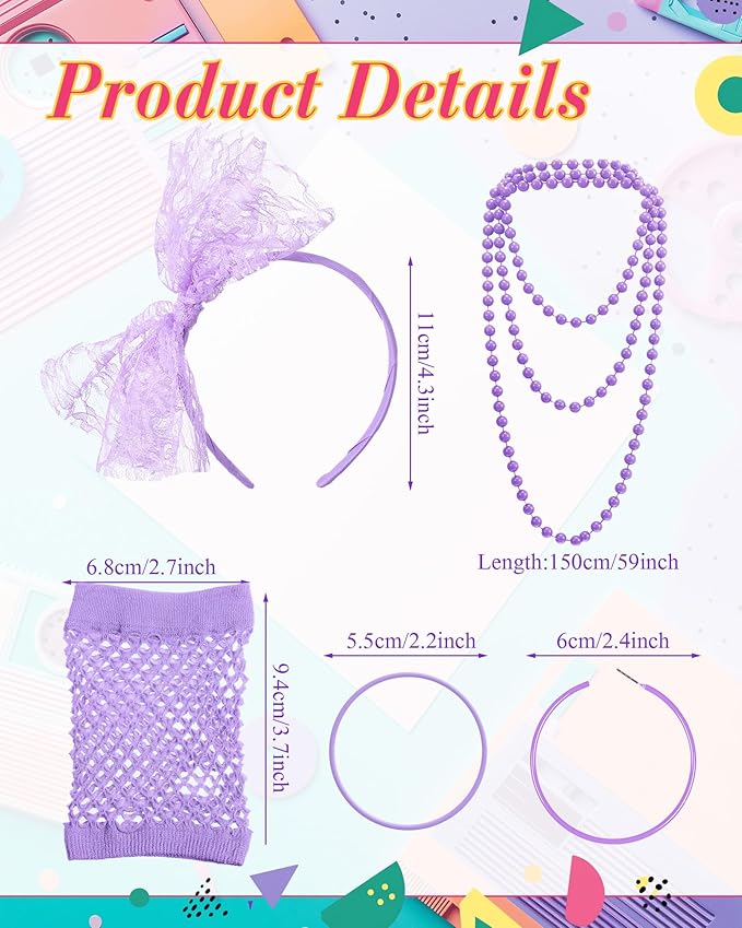 Blulu 80s Costume Accessories for Women Lace Headband Earrings Fishnet Gloves Necklace Bracelet for 80s Retro Party