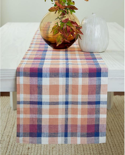 Solino Home Linen Plaid Table Runner 36 Inches - 100% Pure Linen Multicolor Fall Short Table Runner 14 x 36 Inch Ideal for Dresser and Coffee Tables - Thanksgiving, Holiday, Fall Flavors Madras