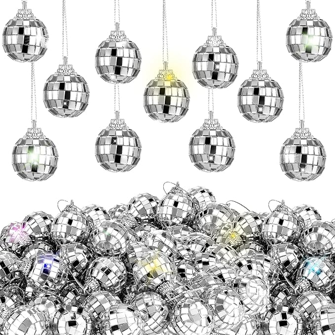 Lenwen 100 Pcs 2 Inch Mini Disco Balls Ornaments Hanging Disco Party Decorations Bulk 70s Reflective Silver Mirror Ball for Party Decor Supplies Tree Wedding Birthday Props Mardi Gras