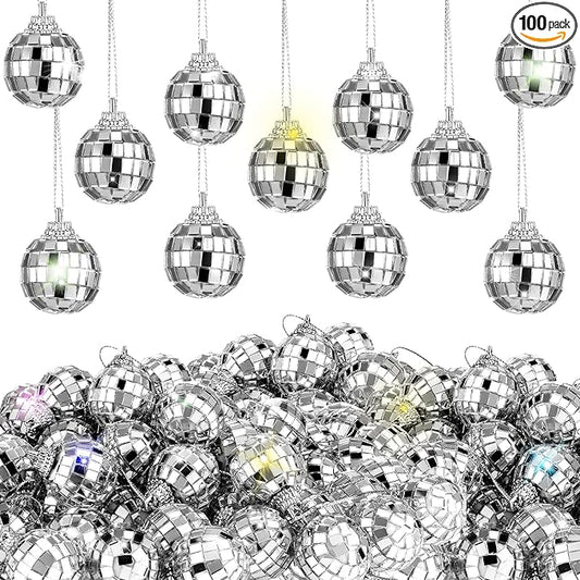 Lenwen 100 Pcs 1.2 Inch Mini Disco Balls Ornaments Hanging Disco Party Decorations Bulk 70s Reflective Silver Mirror Ball for Party Decor Supplies Tree Wedding Birthday Props Mardi Gras
