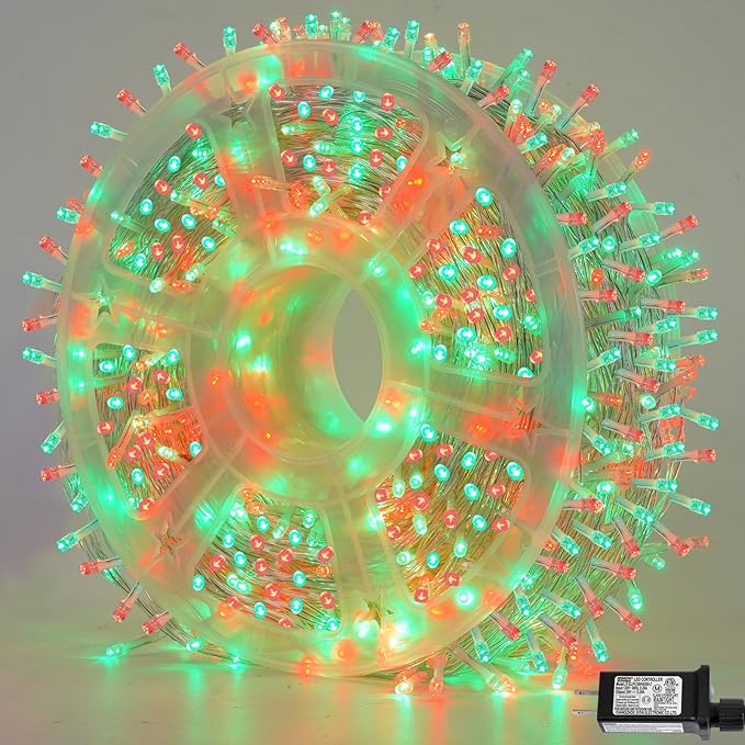 YEGUO 165ft 500 LED Red and Green Christmas Lights Outdoor Waterproof, Clear Wire String Lights Indoor Plug in, 8 Modes Clear Wire Twinkle Tree Light for Xmas Party Garden