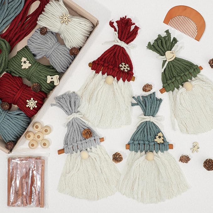 6 Set DIY Christmas Macrame Gnomes Santa Claus Kit, Christmas Handmade Knitted Gnome Ornaments with Pinecone Snowflake Cane Hat Hanging Gnomes Craft for Xmas Tree Holiday Party Decor with Instruction