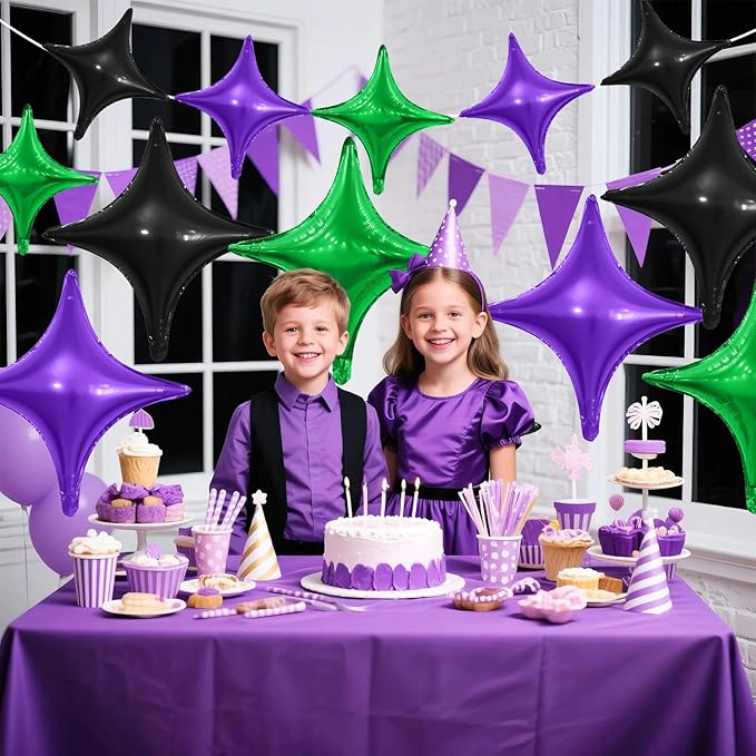 Black Green Purple Star Balloons,12Pcs Four Angle Star Foil Balloons,26Inch and 10Inch Black Green Quadrangle Helium Balloon for Halloween Birthday Baby Shower Anniversary Party Decorations