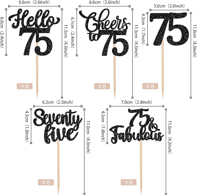 30PCS Happy 75th Birthday Cupcake Toppers Glitter Hello 75 Fabulous Seventy Five Cheers to 75 Years Old Birthday Cupcake Picks for Happy 75th Birthday Anniversary Party Cake Decor Supplies Black