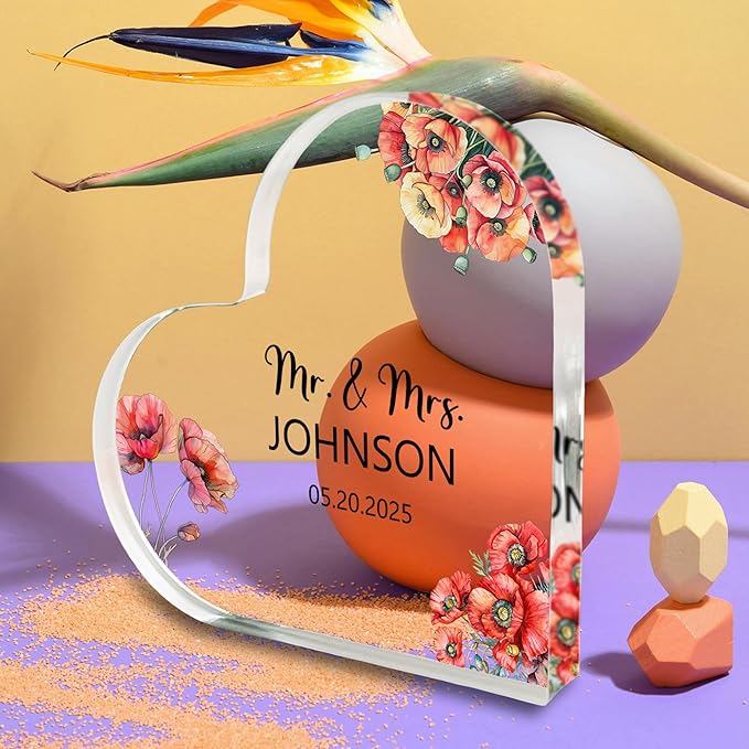 Custom Wedding Heart Acrylic Plaque,Mr & Mrs Cake Topper,Personalized Wedding Keepsake/Gift/Sign (Style 15)