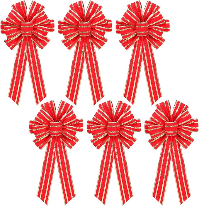 RoseCraft 6PCS Red/Gold Christmas Bow, 9”x13” Large Velvet Christmas Tree Topper Bow Ornaments for Home Xmas Tree Wreath Fence Stairs Railing Fireplace Indoor Outdoor Front Door Party Decoration.