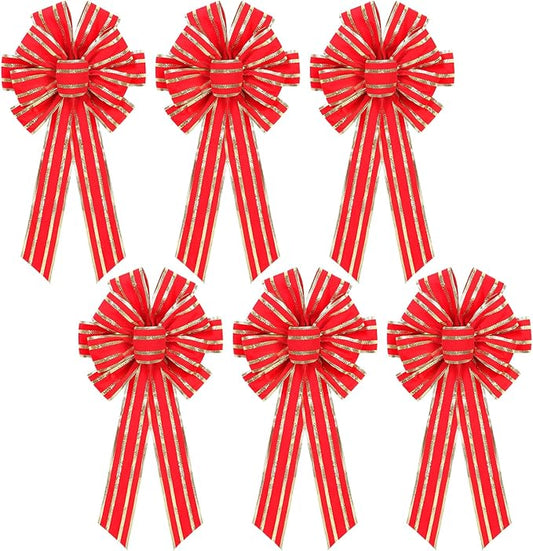 RoseCraft 6PCS Red/Gold Christmas Bow, 9”x13” Large Velvet Christmas Tree Topper Bow Ornaments for Home Xmas Tree Wreath Fence Stairs Railing Fireplace Indoor Outdoor Front Door Party Decoration.