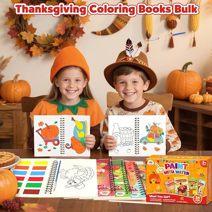 ZMLM 24 Water Coloring Books for Kids Party Favors - Bulk Mini Coloring Books for Kids Ages 4-8,Small Birthday Goodie Bag Stuffers School Teacher Return Gift Art Crafts Classroom Prizes (Thanksgiving)