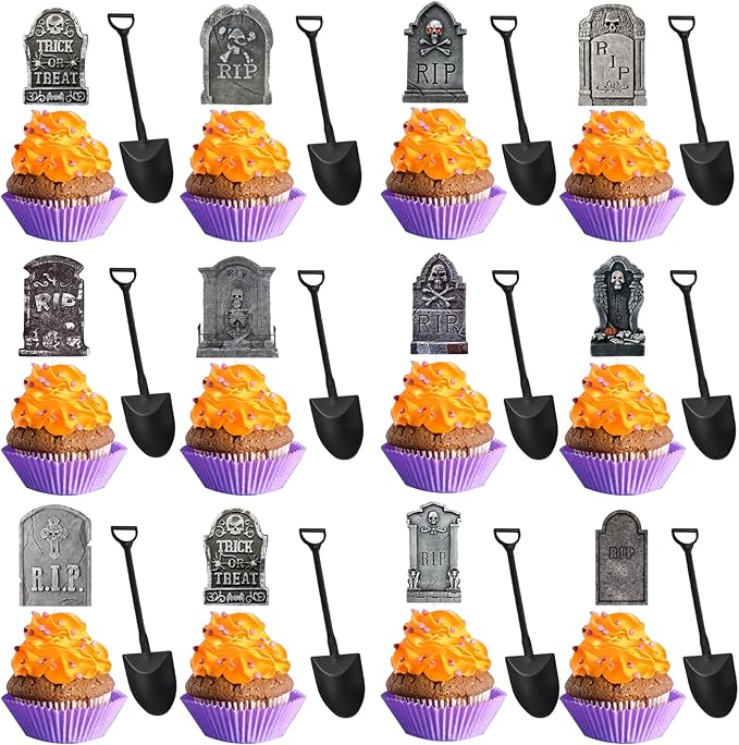 Halloween Cupcake Toppers Cake Decorations Tombstones Graveyard Skull Cupcake Toppers Pick Decor with Novelty Mini Shovel Spoons for Halloween, Birthday Party Decoration Supplies, 24 Pieces
