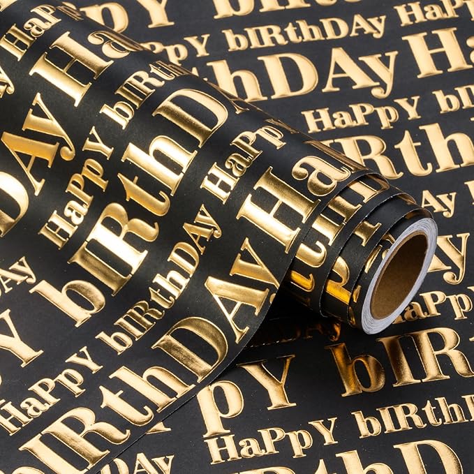 WRAPAHOLIC Jumbo 3D Kraft Birthday Wrapping Paper Roll - 30 Inch x 16.5 Feet - Gold and Black Happy Birthday Wrapping Paper with Embossed Perfect for Holiday, Party Celebration