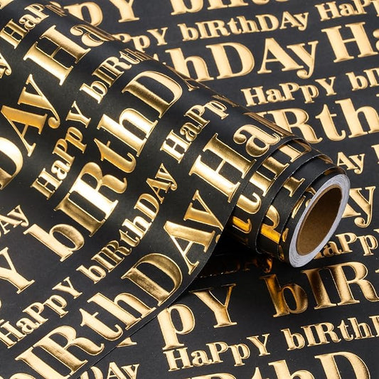 WRAPAHOLIC Jumbo 3D Kraft Birthday Wrapping Paper Roll - 30 Inch x 16.5 Feet - Gold and Black Happy Birthday Wrapping Paper with Embossed Perfect for Holiday, Party Celebration