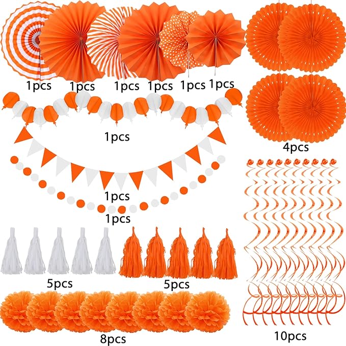 ZERODECO Party Decorations, 41 Pcs Orange Papar Fans Pompoms Garlands String Tissue Paper Tassel for Halloween New Years Spring Festival Wedding Birthday Party