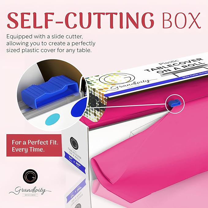 Grandipity Plastic Tablecloth Roll - 54in x 300 Ft. Hot Pink Plastic Table Cloths for Parties Disposable with Cutter Box - Cut to Size Disposable Tablecloth Table Cover for Rectangle & Round