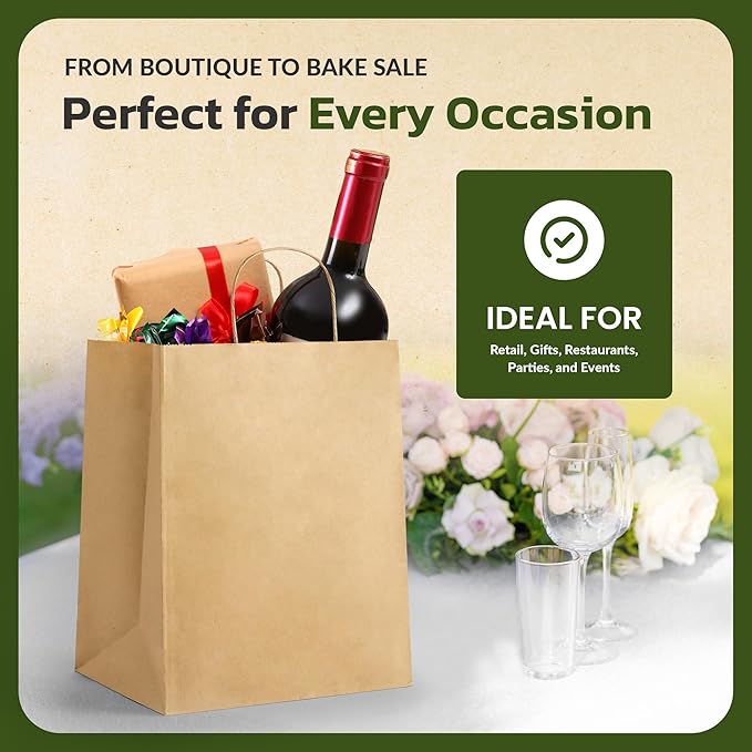 EKOBAGS Granvia | 10x7x12 inches | 25-Pack Kraft Paper Gift Bags with Handles | 115 GSM Brown Paper Bags for Small Business, Shopping & Party Favors | Recyclable | Holds up to 13.8L/8 lbs