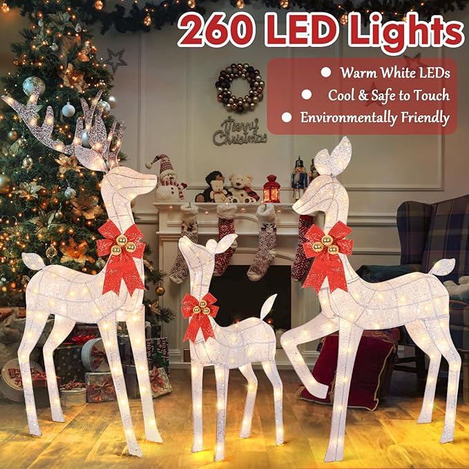 3-Piece Reindeer Outdoor Christmas Decorations, 5FT Large Pre-lit Christmas Deer Family Set, 3D Outside Holiday Yard Decoration with 260 Bright LED Lights, Stakes, Zip Ties - White