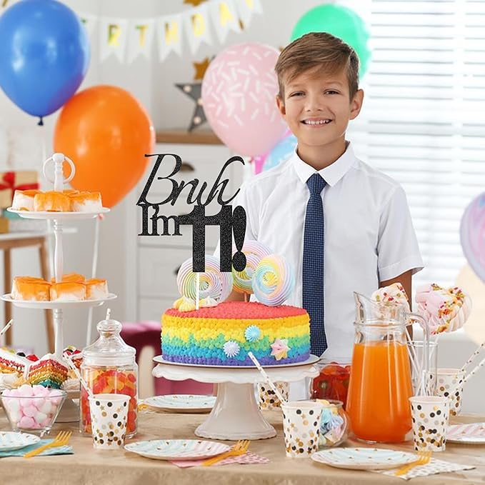 Bruh I'm 11 Cake Topper - Black Glitter Happy 11th Birthday Decorations for Boys Teens, Funny 11 Year Old Party Supplies, Bro I'm 11 Cake Decor (Bruh I'm 11！, 11th black)