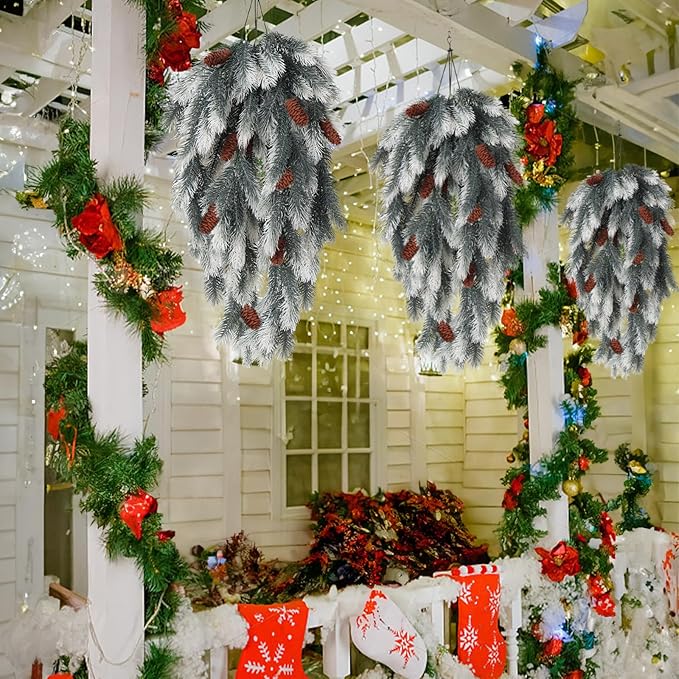 RECUTMS Hanging Artificial Greenery Artificial Pine Needle Branches Green Plant Pine Needle Accessories Faux Outdoor Plants Hanging Teardrop Christmas swags for Christmas Home Decoration(White)