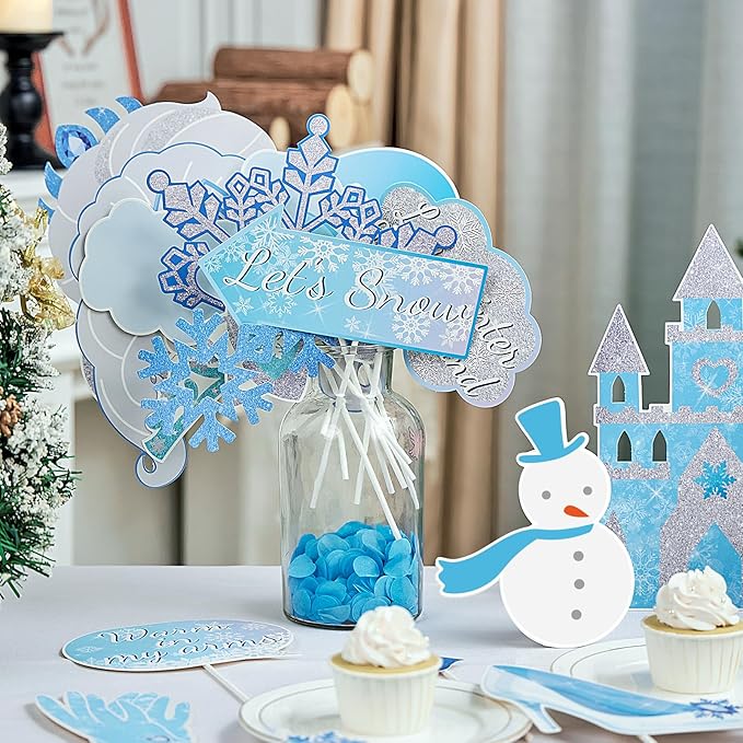SUNBEAUTY 36 PCS Winter Wonderland Photo Booth Props Frozen Party Decorations Snow White Photo Booth Props for Winter Birthday Theme Party Holiday Christmas Party Supplies