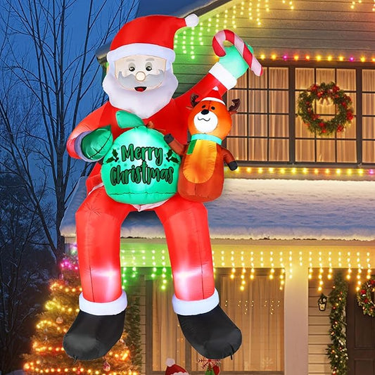 8FT Christmas Inflatables Outdoor Decorations, Sitting Santa Claus with Gift Candy and Reindeer, Blow Up Holiday Yard Decor with Built-in LED Lights for Xmas Garden, Lawn, and Party