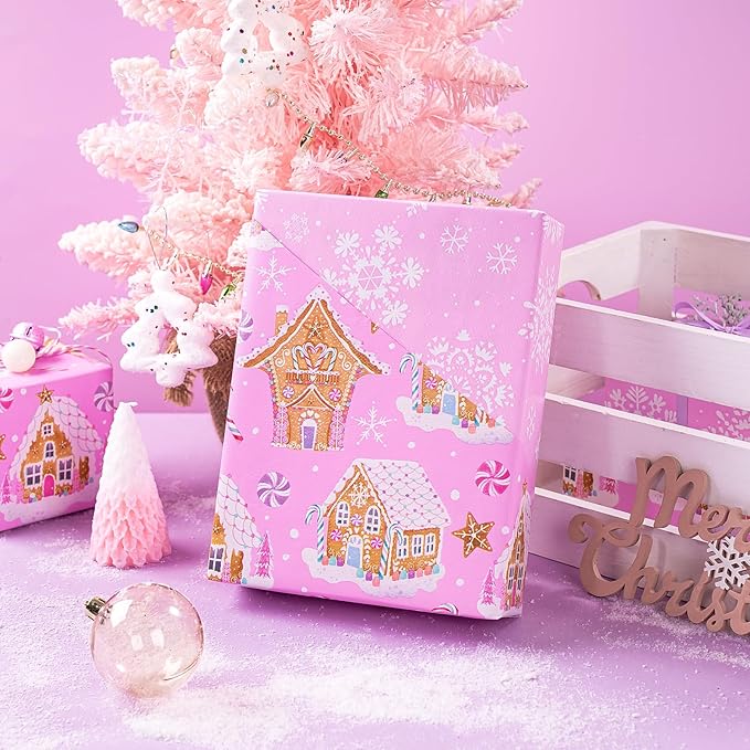 WRAPAHOLIC 30 Inch Jumbo Reversible Gingerbread Christmas Wrapping Paper - 30 Inch x 33 Feet - Pink Gingerbread House and Snowflake with Embossed for Christmas, Holiday, Party Celebration