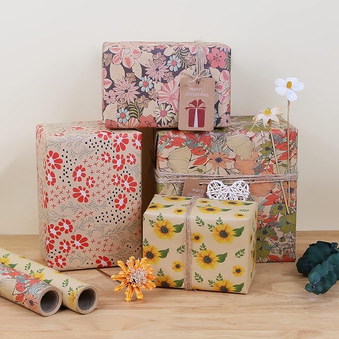Aimyoo Kraft Floral Wrapping Paper Bundle, Vintage Spring Flowers Rose Gift Wrap Paper for Wedding Bridal Shower Birthday, 3 Rolls 17 in x 12 ft per Roll