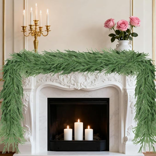9FTClassicNorfolkGarland, Real Touch Norfolk Garland - Artificial Christmas Garlands Green Norfolk Pine Needles Garland for Fireplace Table Stairs Mantlegarlands Window Indoor/Outdoor Home Decor