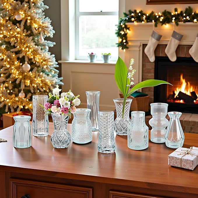 Glass Bud Vase Set of 10: Eylkoi Clear Vases for Centerpieces Decorative, Vintage Embossed in Bulk Crystal Textured Cute, Wedding Decor Mini Flower Floral Vase for Rustic Wedding, Home Table, Party