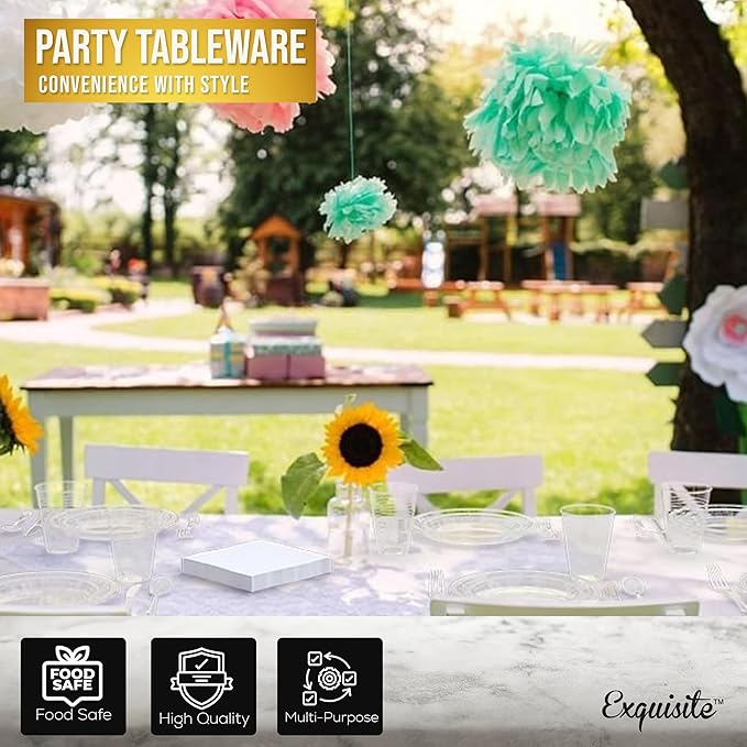 Party Solids 350 Pieces Clear Plastic Plates For Party, Clear Disposable Plates Set, 50 Of Each 9" Dinner Plate Set, 7" Dessert Plate, Cups, Napkins & Cutlery Plastic Dinnerware