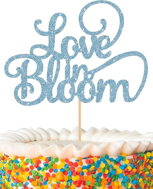 Love in Bloom Cake Topper - Glitter Sky Blue Bridal Shower Cake Decoration, Wedding & Engagement Cake Pick (Sky Blue)