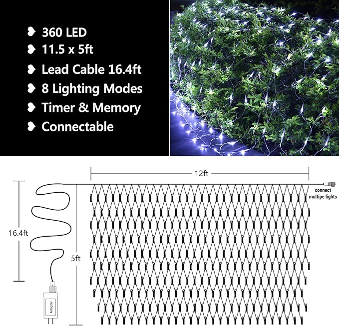 11.5ft x 5ft Christmas Net Lights Outdoor, 360 LED Net Lights with 8 Modes, Connectable, Timer, Waterproof Low Voltage Bush Mesh Fairy String Light for Yard Bush Christmas Indoor Decorations (White)