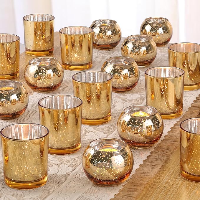 Volens 30pcs Assorted Gold Votive Candle Holders Bulk, Large Gold Wedding Centerpieces for Tables, Mercury Glass Votive & Tealight Candle Holders for Party Decorations and Home Decor