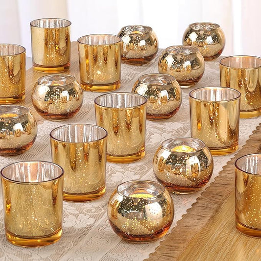 Volens 30pcs Assorted Gold Votive Candle Holders Bulk, Large Gold Wedding Centerpieces for Tables, Mercury Glass Votive & Tealight Candle Holders for Party Decorations and Home Decor