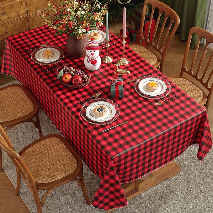 Buffalo Checkered Vinyl Christmas Tablecloth Rectangle 60 x 84 Inch with Flannel Backed, Waterproof & Wipeable Plastic Heavy Duty Table Cover for Dining, Winter Party & Holidays, Red and Black