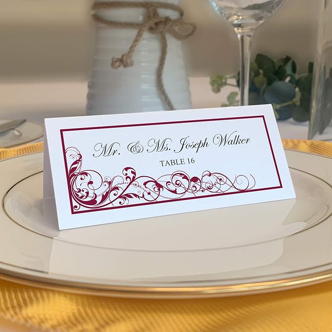 Scribble Vintage Swirl Printable Place Cards, Burgundy (Choose Color), Set of 60 (10 Sheets), Laser & Inkjet Printers - Wedding, Party, Dinner, and Special Events