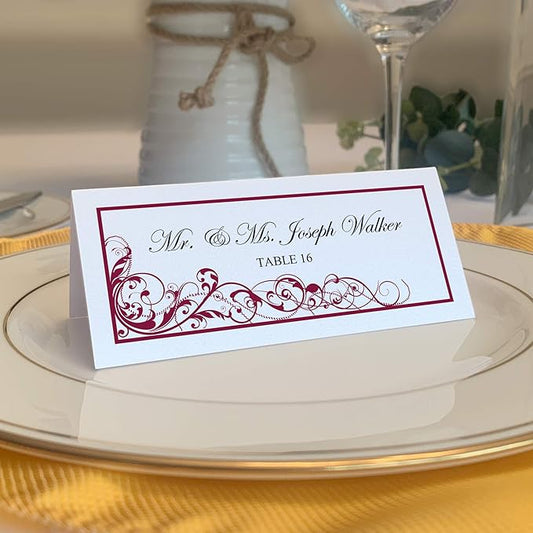 Scribble Vintage Swirl Printable Place Cards, Burgundy (Choose Color), Set of 60 (10 Sheets), Laser & Inkjet Printers - Wedding, Party, Dinner, and Special Events