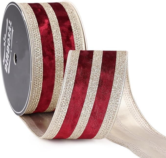 Burgundy Velvet Wired Ribbon with Champagne Glitter Stripe 2.5 Inch Crushed Velvet Christmas Ribbon, 10 Yards for Gift Wrapping, Crafts, Christmas Tree Decorations, Wreath Supplies, Garlands