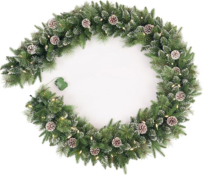 Christmas Garland Pre-lit 9 Ft with 50 Led Lights, Battery Operated Fireplace Stairs Mantle Door Indoor Outdoor, Decorated Pine Cone and Snow Style