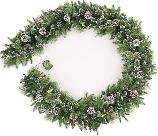 Christmas Garland Pre-lit 9 Ft with 50 Led Lights, Battery Operated Fireplace Stairs Mantle Door Indoor Outdoor, Decorated Pine Cone and Snow Style