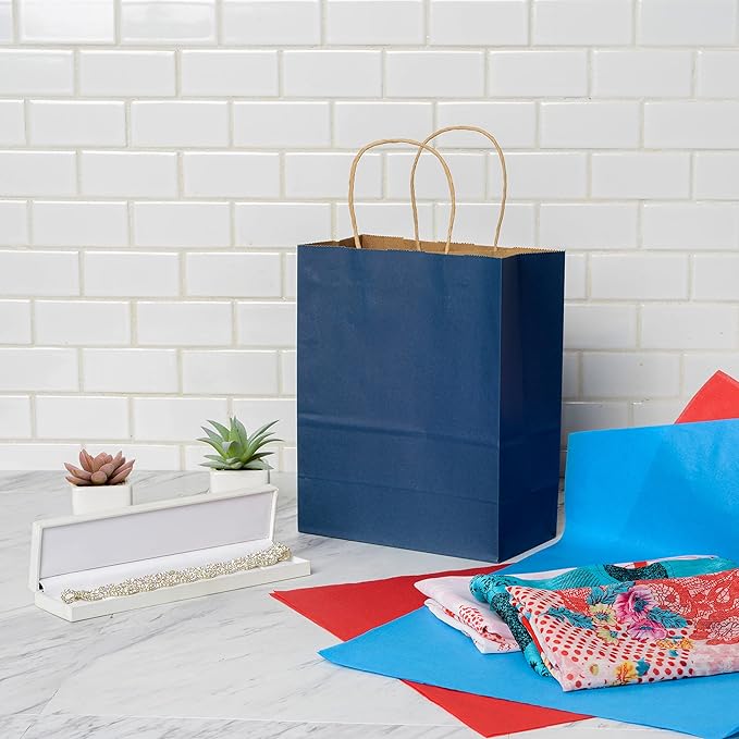 Prime Line Packaging Paper Gift Bags, Navy Blue Gift Bags Small with Handles, Shopping Bags for Business, Goodies, Party Favor, Welcome, Graduation, Bulk, 8x4x10, 100 Pack