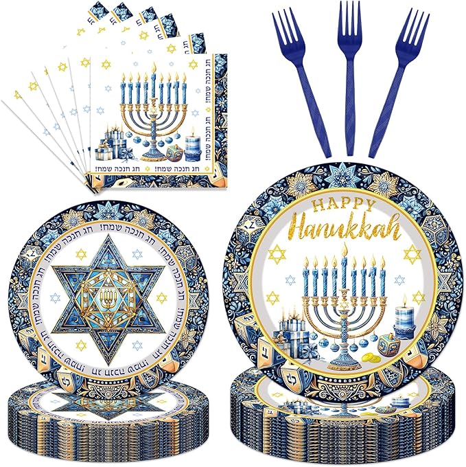 96Pcs Hanukkah Paper Plates Napkins Forks Happy Hanukkah Tableware Set with Menorah and Star of David Jewish Holiday Celebration Theme Party Supplies Serve 24 Guests
