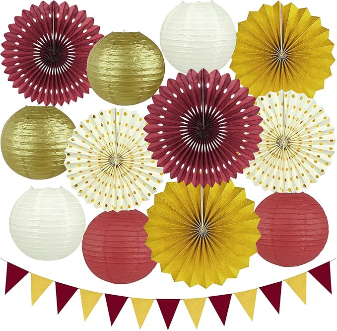 13Pcs Maroon and Gold Party Decorations, Burgundy and Gold Party Decorations Hanging Paper Lanterns Paper Fans for Graduation Baby Shower Birthday Thanksgiving Fall Decor