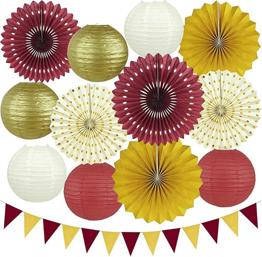 13Pcs Maroon and Gold Party Decorations, Burgundy and Gold Party Decorations Hanging Paper Lanterns Paper Fans for Graduation Baby Shower Birthday Thanksgiving Fall Decor