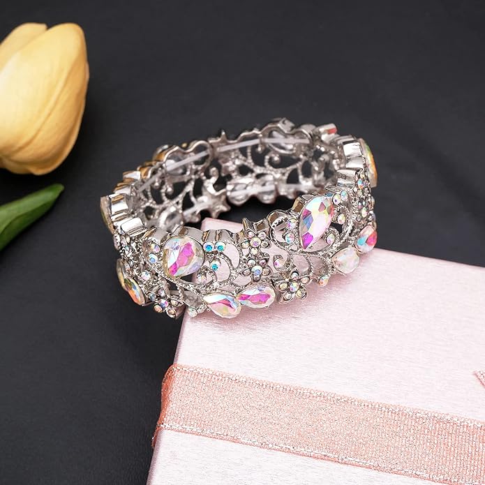 CSY Elegant Crystal Costume Jewelry Sets Flower Bridal Necklace Earrings Stretch Bangle Set for Bride Bridesmaid Wedding Dress Accessories
