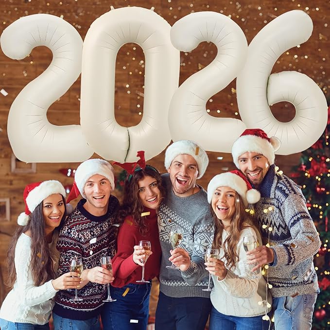 KALOR 42 Inch 2026 Cream White Foil Mylar Number Balloons, Giant 2026 New Years Decorations for 2026 Happy New Year Eve and Graduations Party Supplies